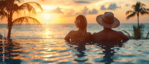 A couple sitting by the pool at a tropical resort hotel, with palm trees and golden hour sunset light. This is a luxury vacation concept, with an Asian couple wearing a hat and a yellow dress, enjoyin photo