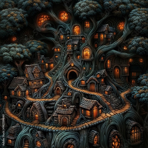 Wallpaper Mural Enchanting Fantasy Tree Village with Glowing Windows at Night Torontodigital.ca