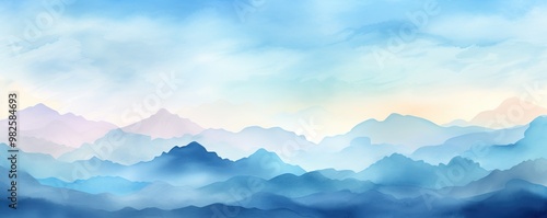 A serene landscape featuring soft, layered mountains in shades of blue and pastel hues, perfect for calming backgrounds.