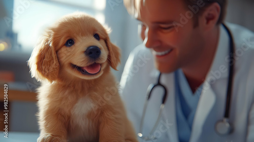 A happy veterinarian smiling at a playful golden retriever puppy in a bright clinic setting, showcasing a bond between humans and pets.