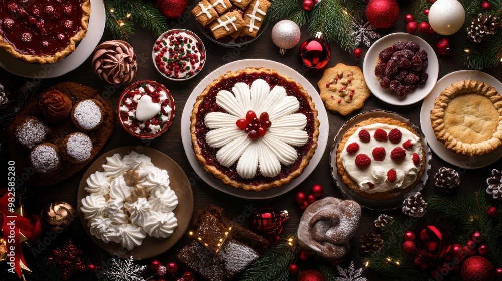 A table filled with traditional Christmas desserts like fruitcake, cookies, and pies A table filled with traditional Christmas desserts like fruitcake, cookies, and pies