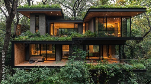 A modern hillside house in the forest with a terrace overlooking the dense treetops and forest floor