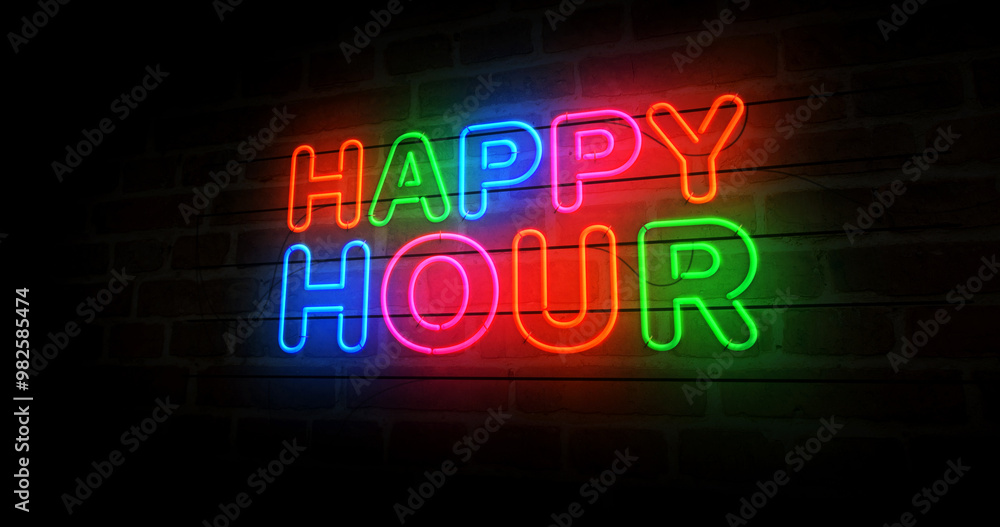 Happy hour promotion neon light 3d illustration Happy hour promotion neon light 3d illustration