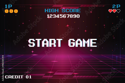 START GAME. pixel art .8 bit game. retro video game. for game assets. Retro Futurism Sci-Fi Background. glowing neon grid and star from vintage arcade computer games