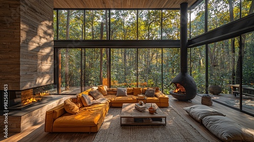 A modern forest cabin with a glass-walled living room, offering unobstructed views of the surrounding wilderness