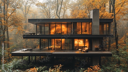 A sleek modern house on stilts in the middle of the forest, providing panoramic views of the treetops photo