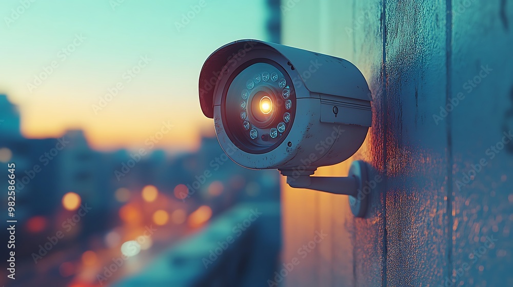 Security camera mounted on a wall with a blurry city skyline in the background. Security camera mounted on a wall with a blurry city skyline in the background.