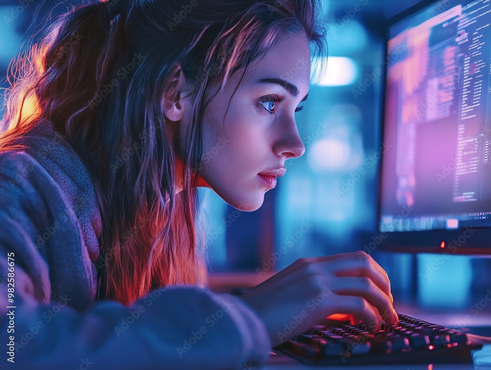 Focused Woman Programming in Neon-Lit Workspace Focused Woman Programming in Neon-Lit Workspace