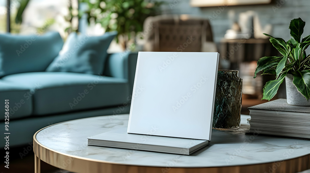 Elegant display frame on a modern coffee table, surrounded by plants and a cozy living room atmosphere. Elegant display frame on a modern coffee table, surrounded by plants and a cozy living room atmosphere.