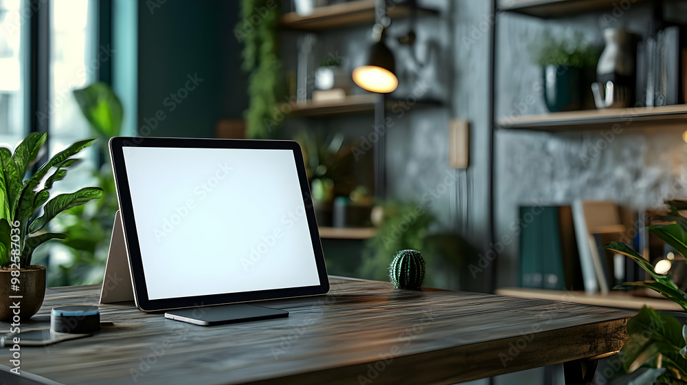 A modern workspace featuring a sleek tablet on a wooden desk surrounded by plants, perfect for minimalistic home office settings. A modern workspace featuring a sleek tablet on a wooden desk surrounded by plants, perfect for minimalistic home office settings.
