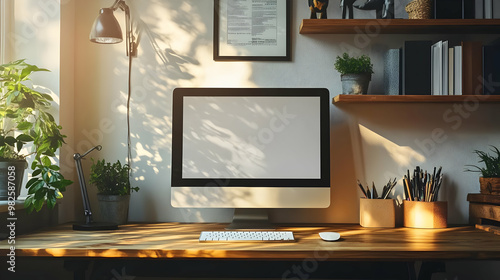 A cozy and well-lit home office setup featuring a modern computer, stylish desk, and greenery, perfect for productivity and focus. photo