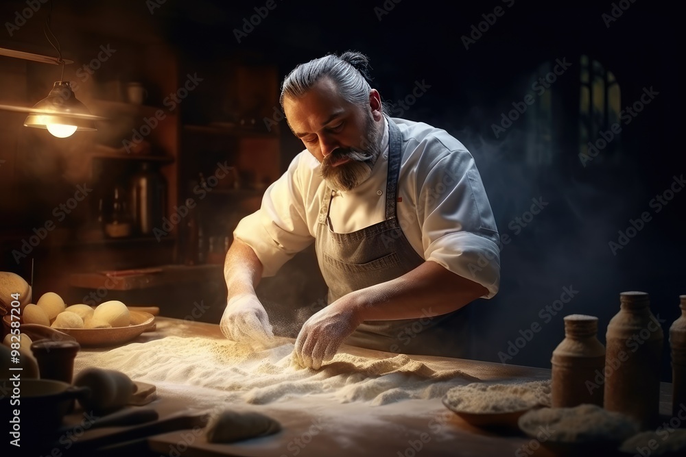 A skilled baker prepares dough in a rustic kitchen filled with flour and fresh ingredients during the early morning hours. Generative AI A skilled baker prepares dough in a rustic kitchen filled with flour and fresh ingredients during the early morning hours. Generative AI