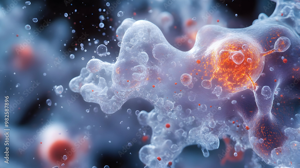 Close-up view of vibrant cells showcasing intricate details and textures in a striking microscopic environment. Close-up view of vibrant cells showcasing intricate details and textures in a striking microscopic environment.