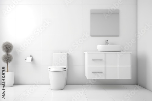 Modern minimalist bathroom design featuring a sleek toilet, floating vanity, and a stylish mirror in bright white tones. Generative AI