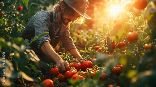 A farmer harvesting ripe tomatoes in a lush garden at sunset, enjoying a moment of nature's abundance and tranquility. photo