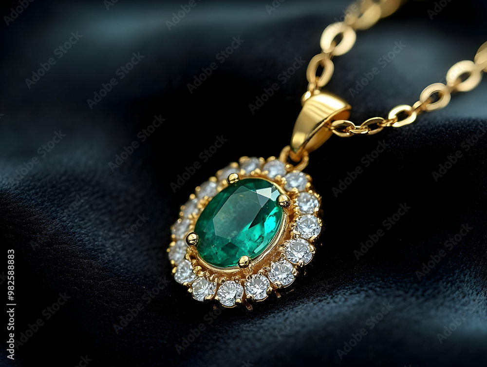Elegant emerald pendant necklace with gold chain and sparkling diamonds, perfect for adding luxury to any outfit. Elegant emerald pendant necklace with gold chain and sparkling diamonds, perfect for adding luxury to any outfit.