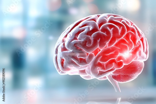 A digital illustration of the human brain in red and white, blur background