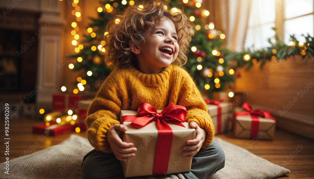 Christmas Morning Excitement: A Joyful Child Holding a Gift by the Christmas Tree, Surrounded by Festive Lights Christmas Morning Excitement: A Joyful Child Holding a Gift by the Christmas Tree, Surrounded by Festive Lights