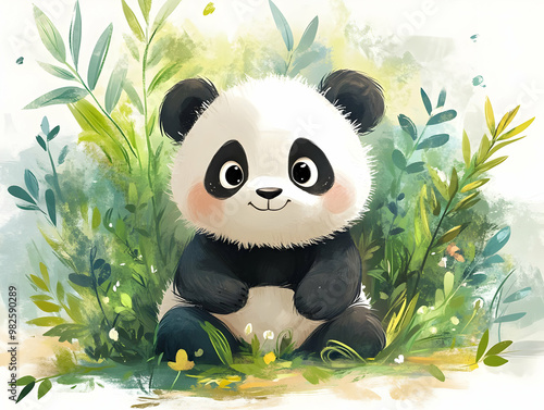 A cute, cartoon panda sitting among lush greenery, exuding charm and playfulness in a vibrant watercolor style. photo