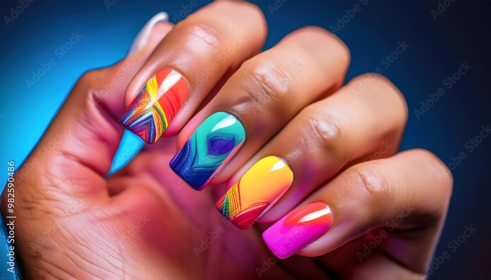 Bright neon nail polish design on a hand, with contrasting colors creating a bold and edgy. Bright neon nail polish design on a hand, with contrasting colors creating a bold and edgy.