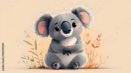 Adorable cartoon koala sitting among flowers, showcasing a cute and playful expression, perfect for children's illustrations. photo