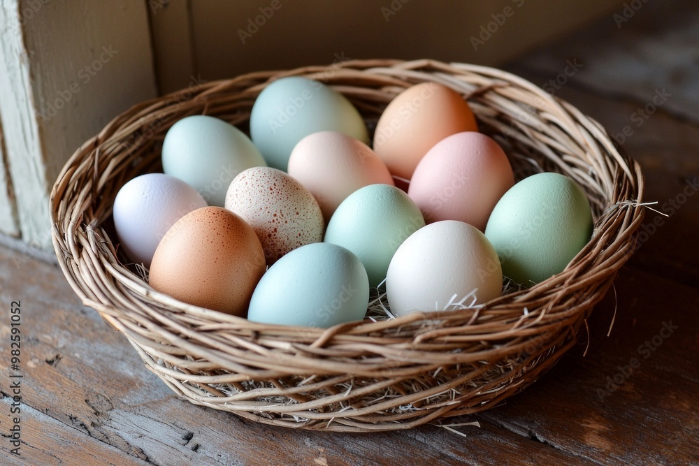 A cluster of pastel-colored eggs arranged in a circular pattern in a woven basket A cluster of pastel-colored eggs arranged in a circular pattern in a woven basket