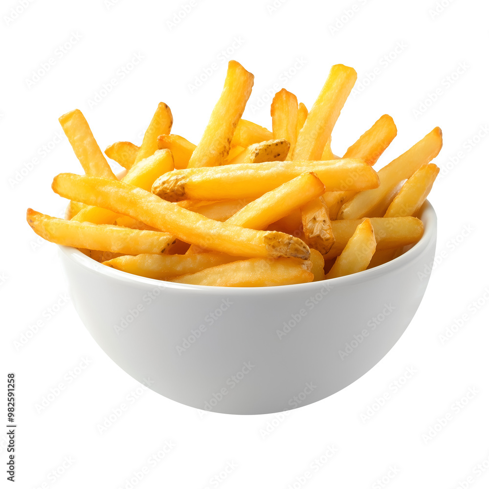 Golden French Fries in White Bowl Isolated on White Background Perfect for Fast Food and Snack Concepts, Cutout, Isolated on White Background Golden French Fries in White Bowl Isolated on White Background Perfect for Fast Food and Snack Concepts, Cutout, Isolated on White Background