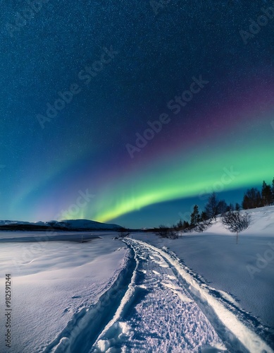 Aurora borealis over snowy mountains in winter, Iceland.