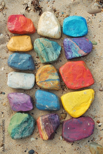 A collection of brightly painted rocks arranged in a perfect rectangle on a sandy beach 