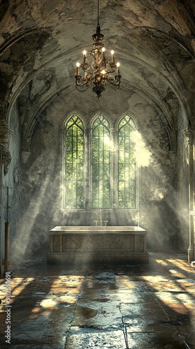 Vintage Stone Bathroom with Gothic Architecture and Sunbeams