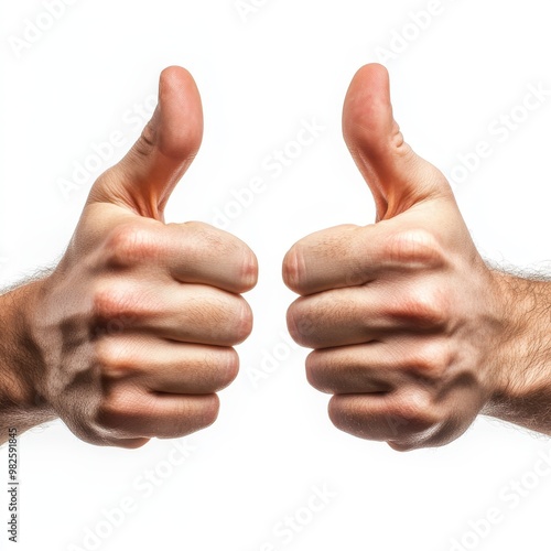 Photograph of hands with thumbs up isolated on white with transparent background