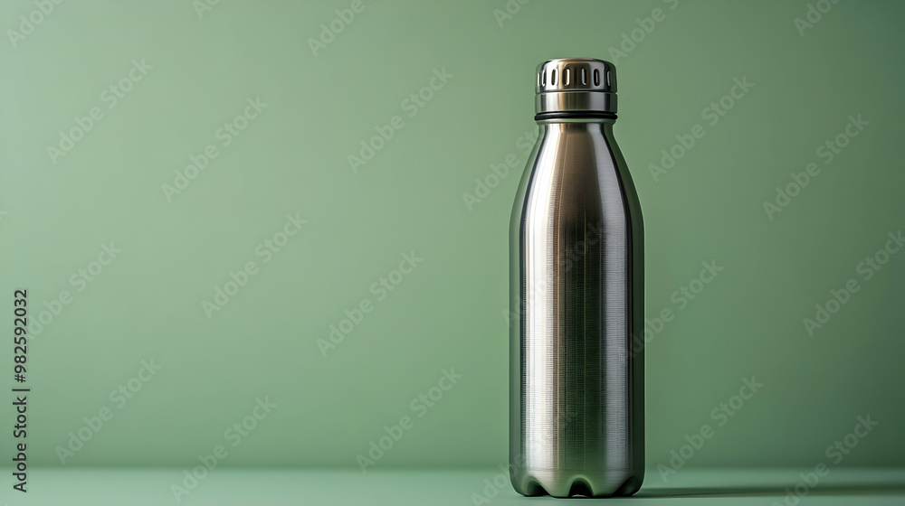 A sleek stainless steel bottle stands on a soft green background, symbolizing eco-friendly hydration and modern aesthetics. A sleek stainless steel bottle stands on a soft green background, symbolizing eco-friendly hydration and modern aesthetics.