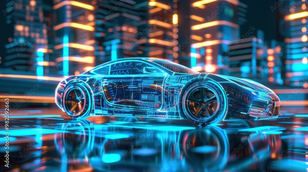 Futuristic car with neon blue and orange lights in a digital cityscape at night Futuristic car with neon blue and orange lights in a digital cityscape at night