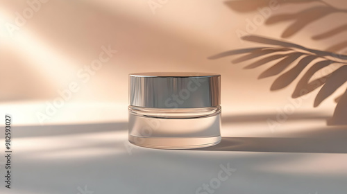 Elegant glass jar with a silver lid, showcasing a soft and minimalistic design perfect for skincare or cosmetic products. photo