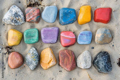 A collection of brightly painted rocks arranged in a perfect rectangle on a sandy beach 