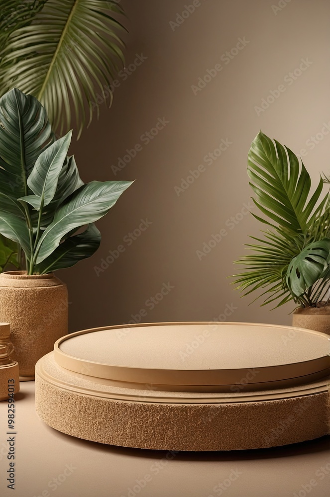 product display podium with tropical leaves. product display podium with tropical leaves.
