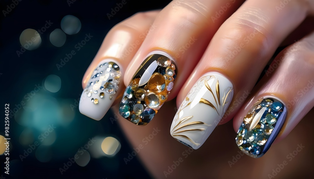Close-up of a hand with jewel-toned nails, each nail showcasing a different gemstone-inspire. Close-up of a hand with jewel-toned nails, each nail showcasing a different gemstone-inspire.