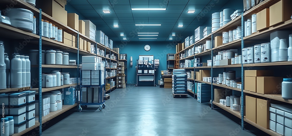 Storage warehouse with shelves full of boxes and containers. Storage warehouse with shelves full of boxes and containers.