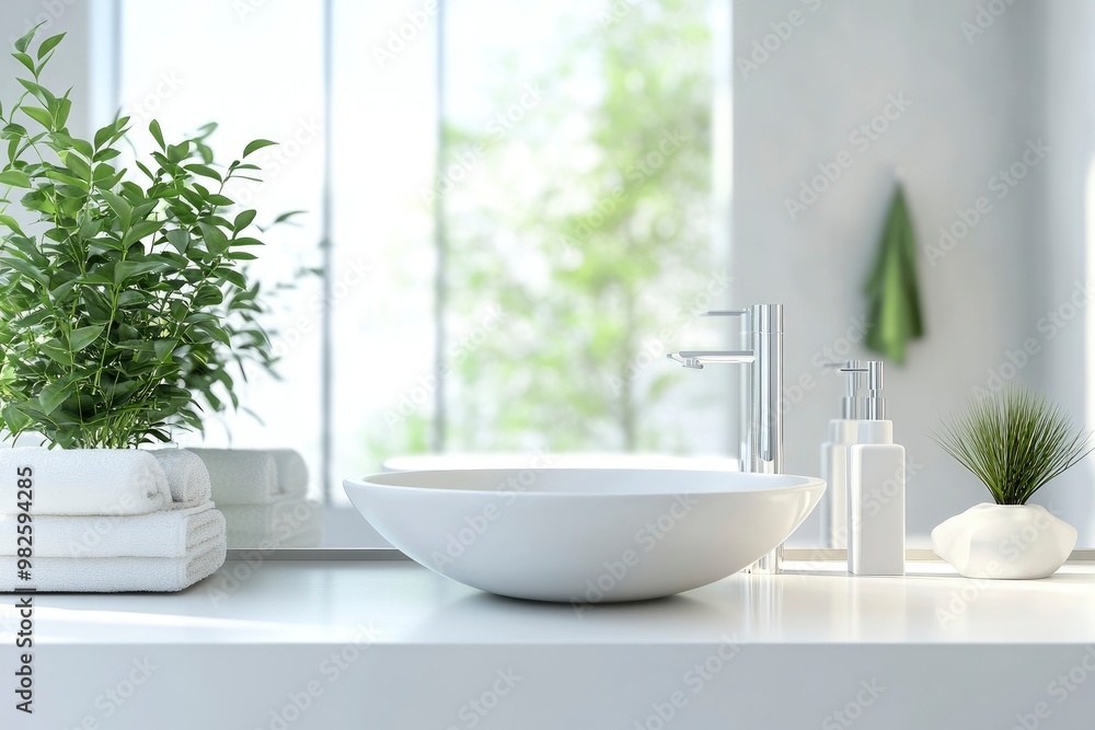 Fototapeta premium 3D rendering, empty white counter in bathroom, copy space on white table in blurred bathroom with generative ai