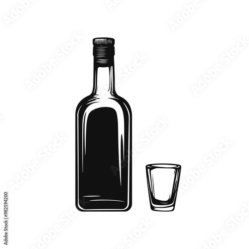 Black and white illustration of bottle of alcohol vodka and glasses icon 