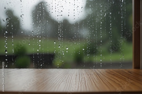 Wood table with rain water drop on glass background. photo