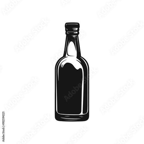 Vector glass bottle silhouette linocut woodcut stamp vintage element black color isolated on white background