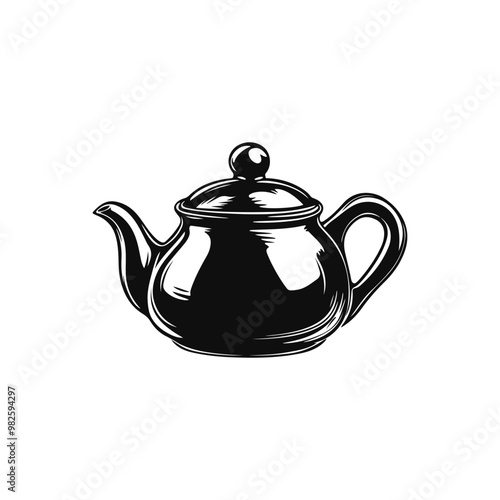 Vector kettle teapot silhuette isolated on white background linocut woodcut stamp element