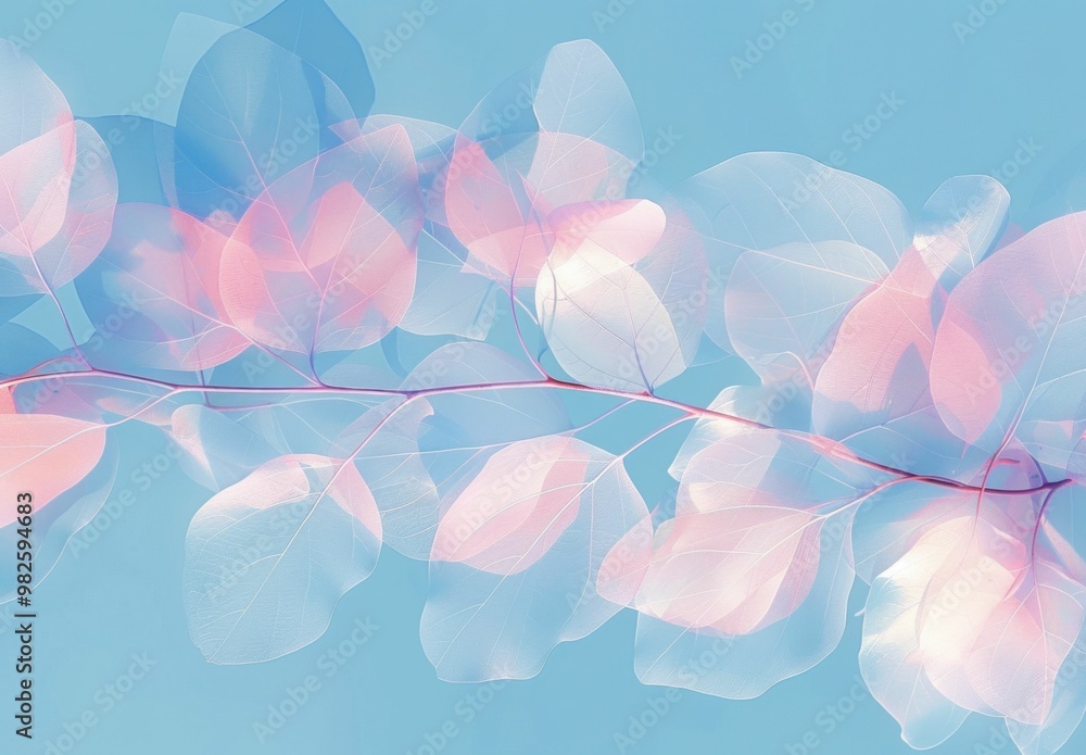 Soft pastel leaves floating on a light blue background, creating an ethereal and delicate atmosphere Ideal for nature or tranquility themes Soft pastel leaves floating on a light blue background, creating an ethereal and delicate atmosphere Ideal for nature or tranquility themes