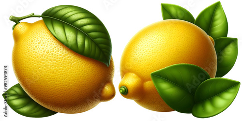 Fresh Lemon with Leaves, Citrus Fruit, Yellow Produce on transparent background png cut-out photo