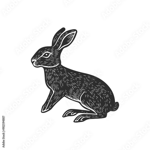 Rubber Stamp Cute rabbit bunny woodcut drawing vector hare linocut style illustration element for stamp design isolated. Handmade blockprint rabbit vector motif clipart in folkart scandi style.