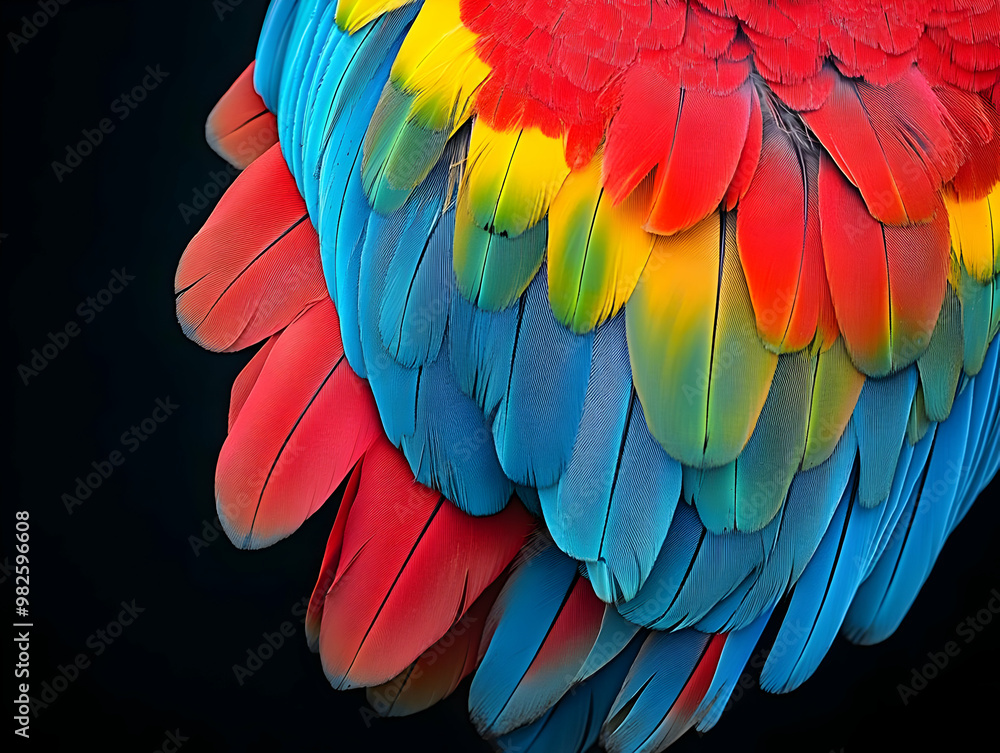 Vibrant close-up of colorful parrot feathers showcasing rich hues of red, blue, and yellow against a dark background. Vibrant close-up of colorful parrot feathers showcasing rich hues of red, blue, and yellow against a dark background.