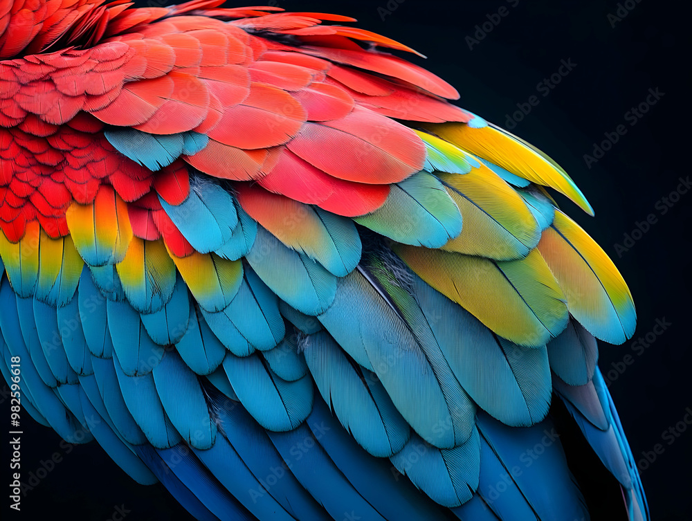 Fototapeta premium Vibrant and colorful feathers of a parrot showcasing a stunning blend of red, blue, and yellow, perfect for nature photography.