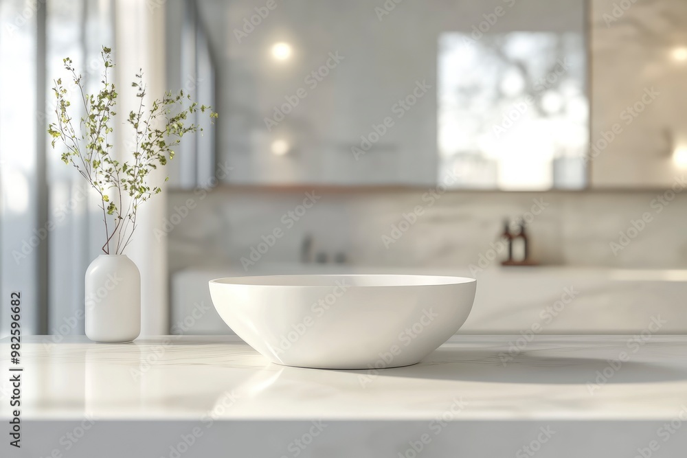 3D rendering, empty white counter in bathroom, copy space on white table in blurred bathroom with generative ai 3D rendering, empty white counter in bathroom, copy space on white table in blurred bathroom with generative ai