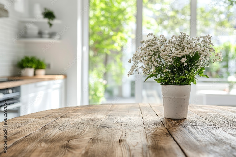 A copy space on wooden dining tabletop over blurred modern luxury white kitchen with generative ai A copy space on wooden dining tabletop over blurred modern luxury white kitchen with generative ai